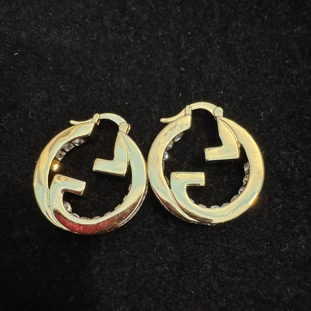 Gucci Gold Logo Hoop Crystal Baguette Earrings